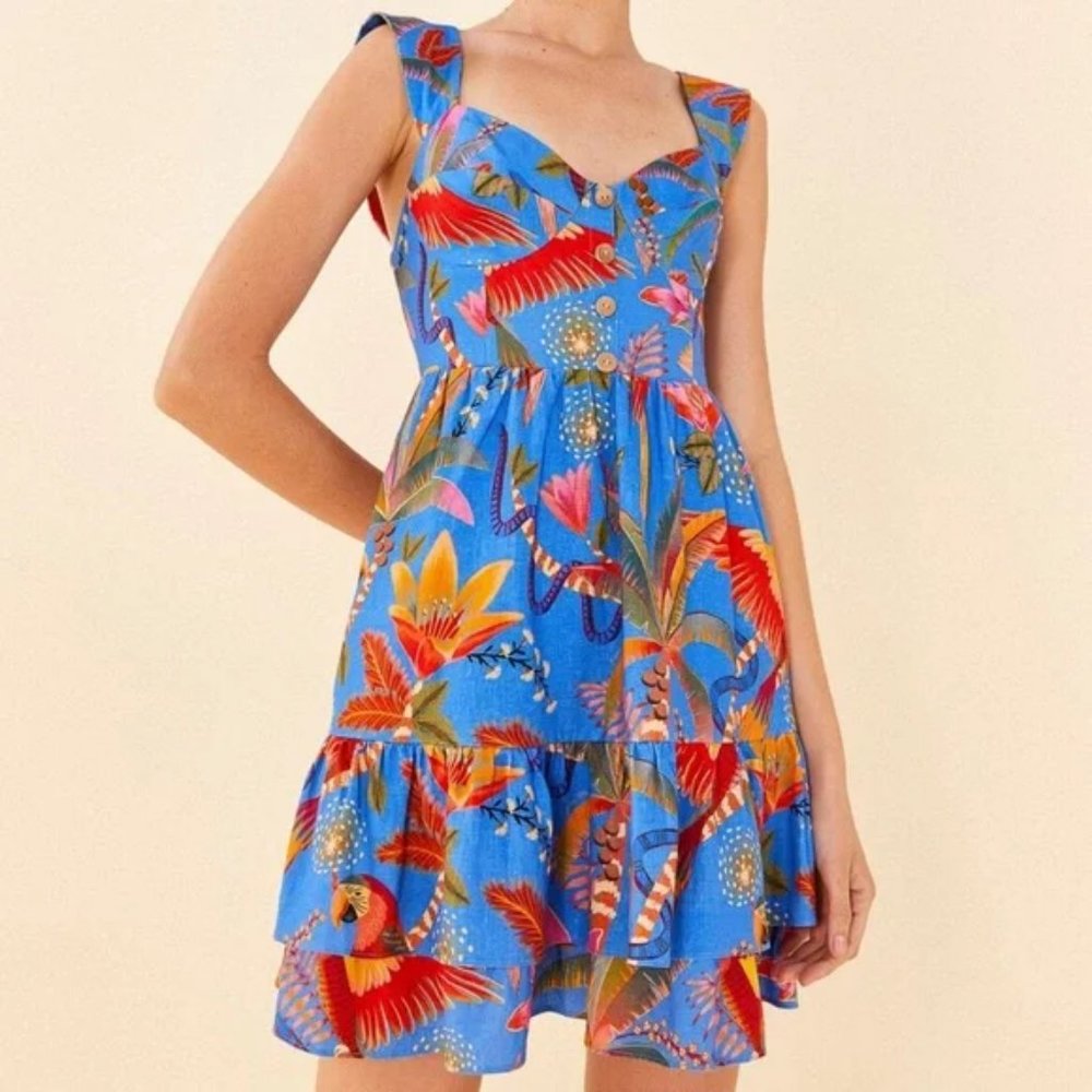 Farm Rio Blue Macaw Party Mini Dress